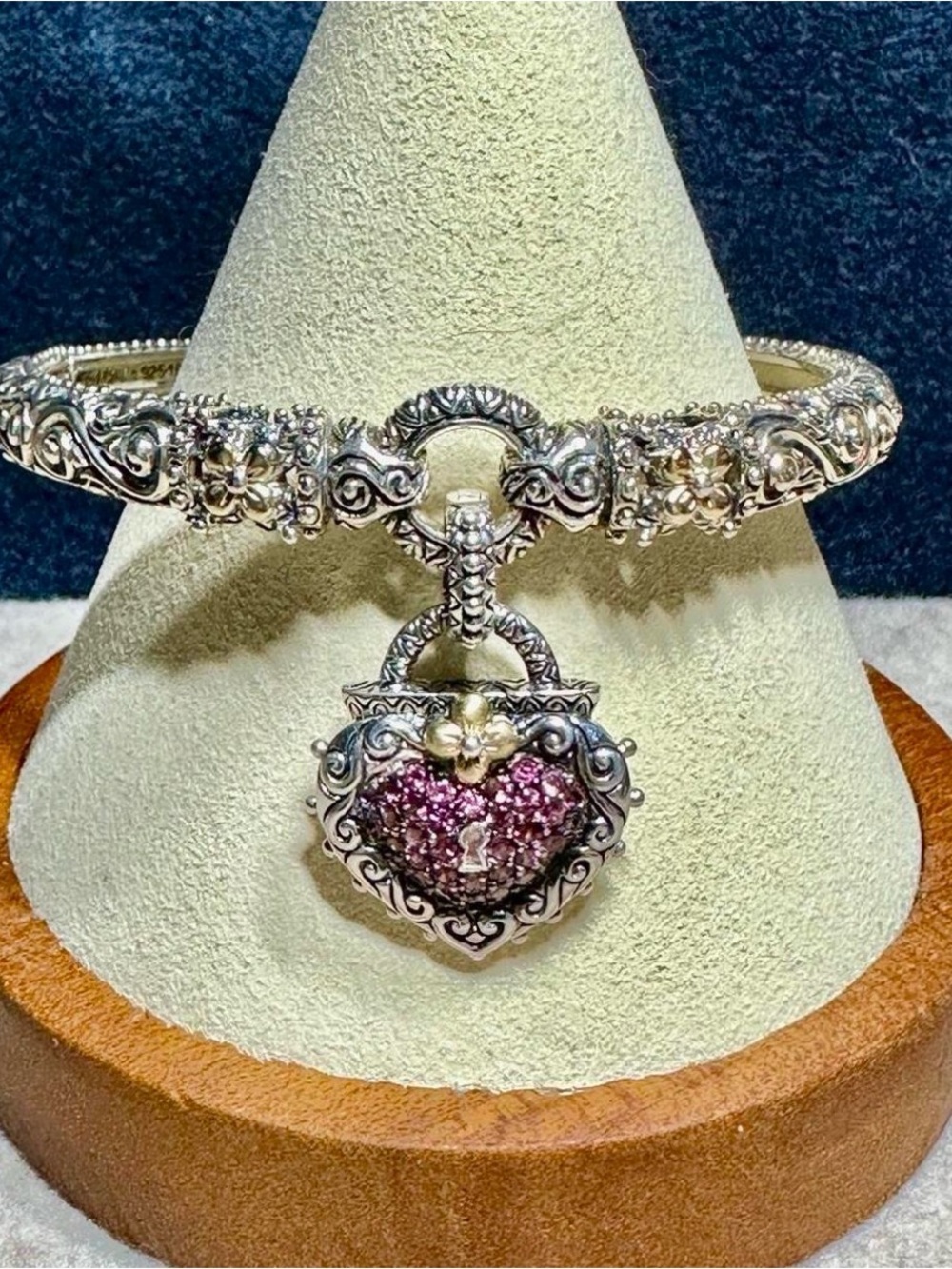 Barbara Bixby 925 Silver Bracelet 7” & Pink Tourmaline Heart Charm Lot 373